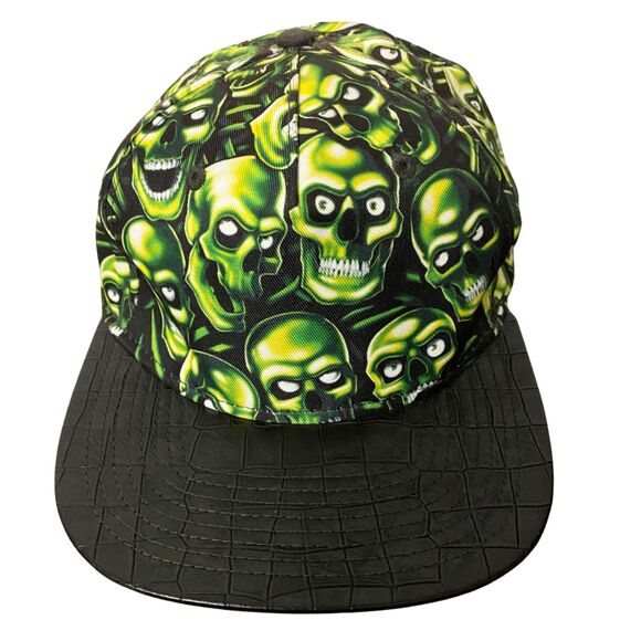 2019 Liquid Blue Green Skull Pile AOP Black Hat Buckle Strap, Hip Hop Cyber Goth